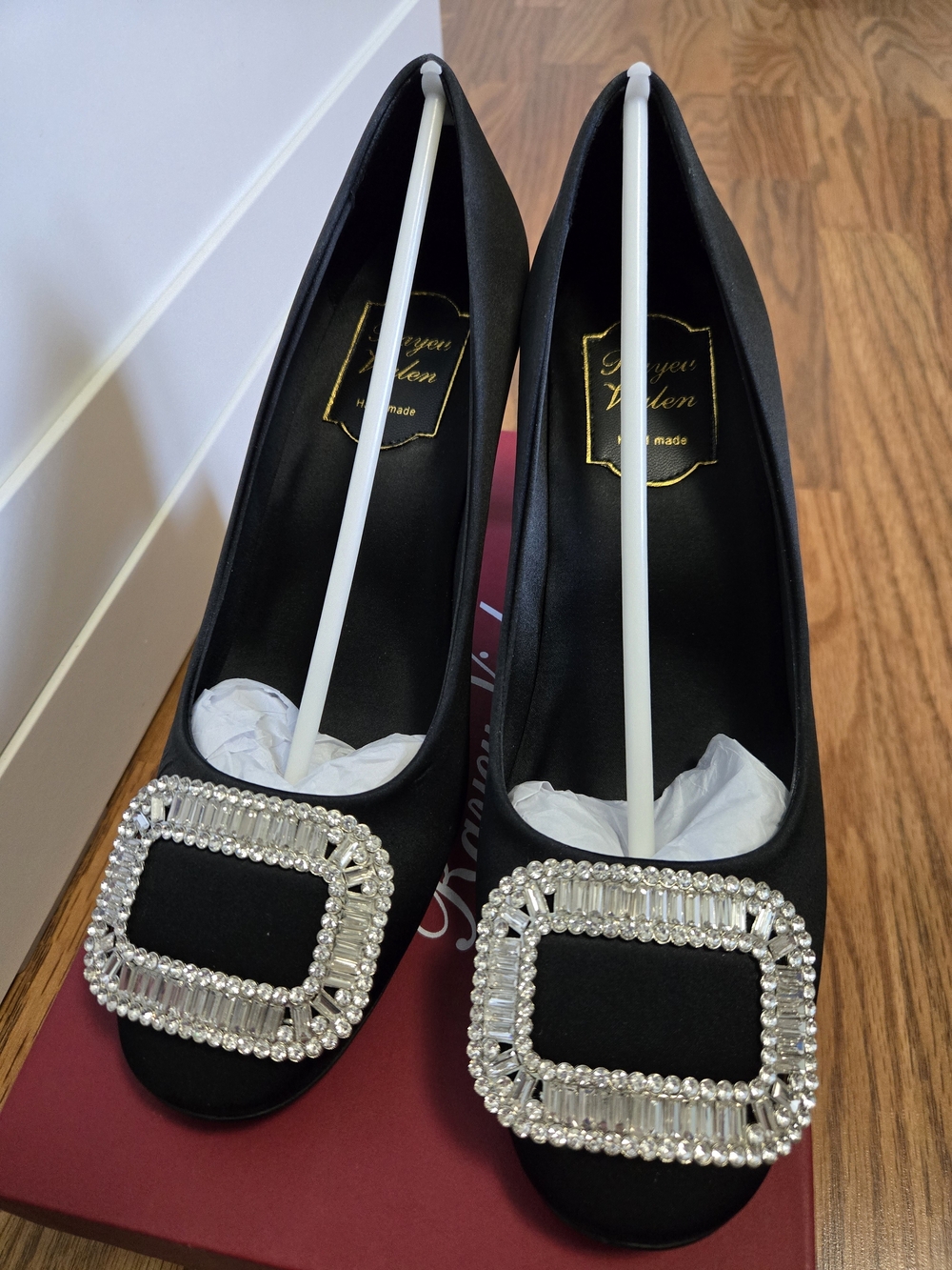 R Vivier Black Satin Crystal Buckle Pumps Women's Size 41